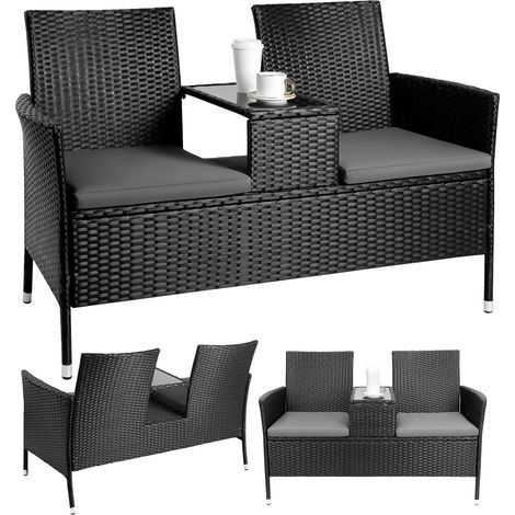 TLSUNNY Salon de Jardin en rotin 2 Places, Banc de Jardin avec Table, canapé de Jardin 130,5 x 56 x 82,5 cm, Noir - Résistant aux intempéries (1/5)
