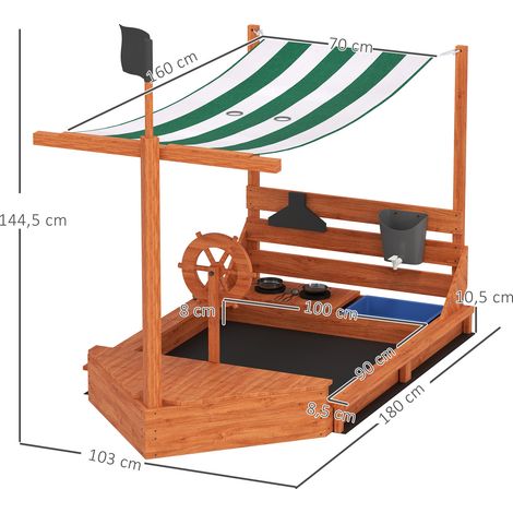 Sandkasten mit Sonnendach Piratenschiff, inkl. Kinderküchenspielset, Massivholz, 180 x 103 x 144,5 cm, Grün (1/5)