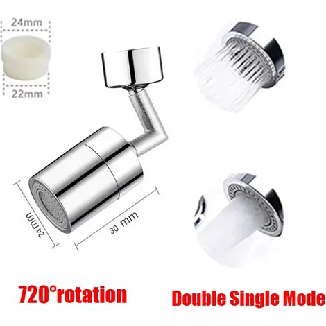 Robinet de cuisine universel 360° avec aérateur anti-éclaboussures, robinet de salle de bain rotatif, double mode de jet et aérateur à bulles. (1/5)
