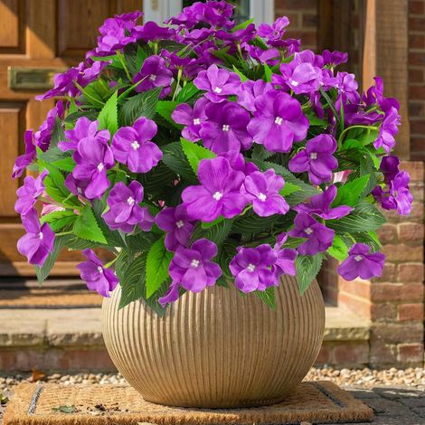 4 Pièces Fleurs Artificielles Impatiens Extérieures Résistantes aux UV Plantes Artificielles en Soie Décoration Jardin Terrasse Balcon, Violet