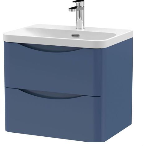 Balterley Dunwood Modern Bathroom Wall Hung 2 Drawer Vanity Unit & Ceramic Basin, Satin Blue, 600mm (1/4)