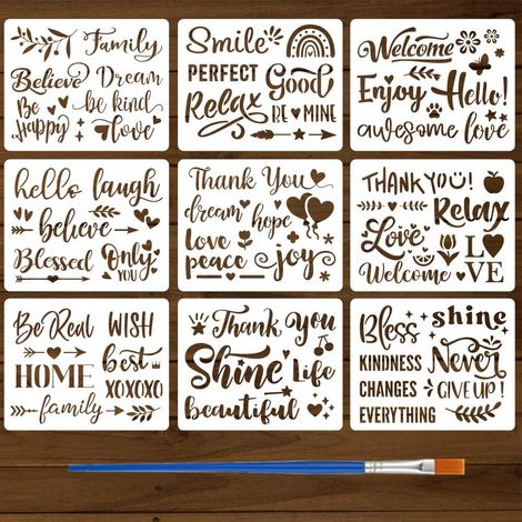 9Pièces Pochoirs Textes Inspirants Avec Un Pinceau 25x20cm Pochoirs Peinture Texte Artistique Pochoir Textes Pochoir Beaux Mots Modèle PET pour Bois Sol Carrelage Mur DIY (1/5)