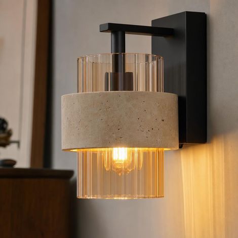 Wandleuchte Wandlampe Wohnzimmerlampe Amberglas Schwarz Metall H 21 cm (1/5)