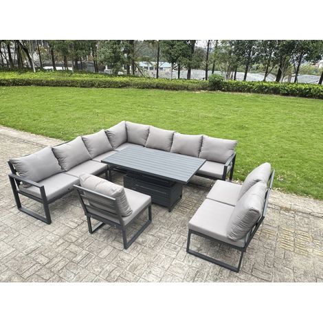 Fimous 9 Pieces Aluminium Garden Furniture Set with Cushions, Patio Furniture Set with Adjustable Rising Lifting Dining Table Dark Grey (1/5)