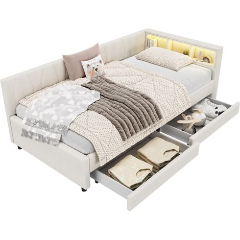 Letto singolo 90x200 cm con LED RGB, USB+Tipo C, 2 cassetti, vani al testale e rete a doghe, beige, in tessuto e MDF, per camera moderna e salvaspazio – CHICFURN (1/5)
