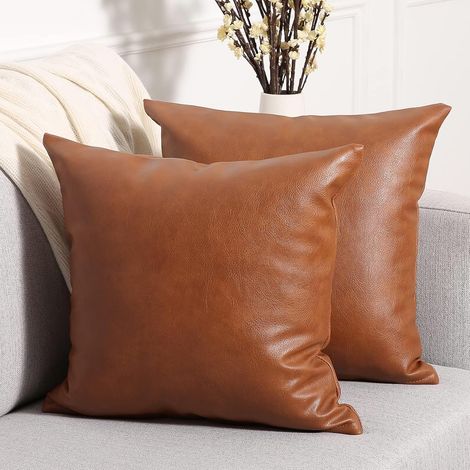Lot de 2 Housse de Coussin Couleur Pure en Similicuir Taie d'oreiller Moderne Luxe Style Decoration Maison Salon Chambre pour Canapé 45x45 cm Marron (1/5)