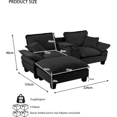 Canapé d'angle en tissu nuage, divan bateau modulable noir avec porte-gobelets, rangement intégré et ports USB, livré avec 1 pouf et 2 coussins, housse en chenille pour salon ou appartement