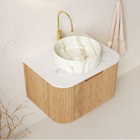 REDOM Badezimmer Waschtisch, wandmontiert, rundes Keramikbecken, Soft Close Schublade, Keramik Sinterstein, Naturholz Weiß (1/5)