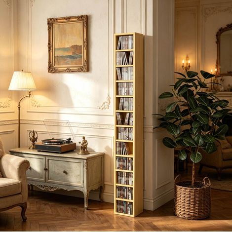 Meuble CD 21x20x175 cm en panneaux de bois naturel, gain de place pour salon et bureau FloraGrace (1/5)