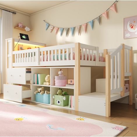 Cama infantil alta 90x200 cm con LED, USB y USB-C, almacenamiento, escalera-armario, pino MDF - natural (1/5)