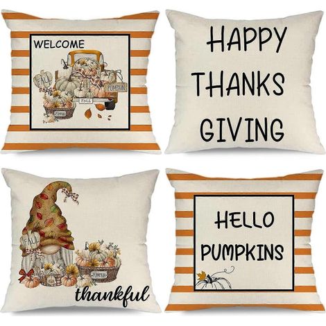 Housses de coussin d'automne 50x50 cm, lot de 4 : « Bonjour citrouilles », camion de bienvenue, gnome, « Merci ». (1/5)