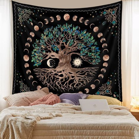 Tapisserie murale "Arbre de Vie" avec Lune et Soleil, motif psychédélique mandala et ciel étoilé, décoration bohème pour chambre (1/5)