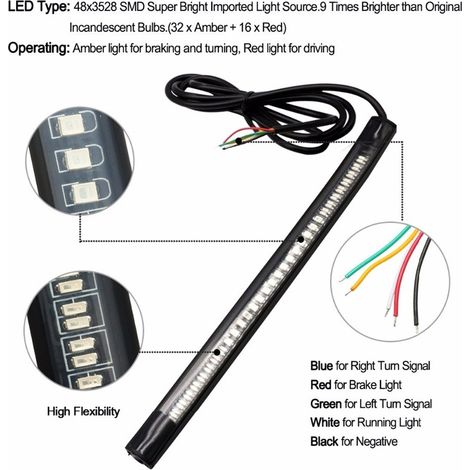 48SMD LED Bandeau Lumineux Moto Pour Feu Arrière, Stop, Clignotant, Kit Éclairage Universel (1/5)