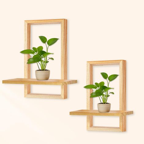 2 Pièces Étagères Flottantes en Bois Solide Bohème Moderne - Suspension Chic pour Plantes Photos Cadres, Décoration Murale Élégante pour Salon Salle de Bains & Chambre(Lumineux) (1/5)