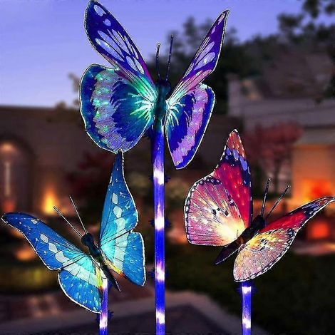 Lot de 3 lampes solaires LED papillon à couleurs changeantes, étanches, pour la décoration de jardin et de pelouse. (1/5)