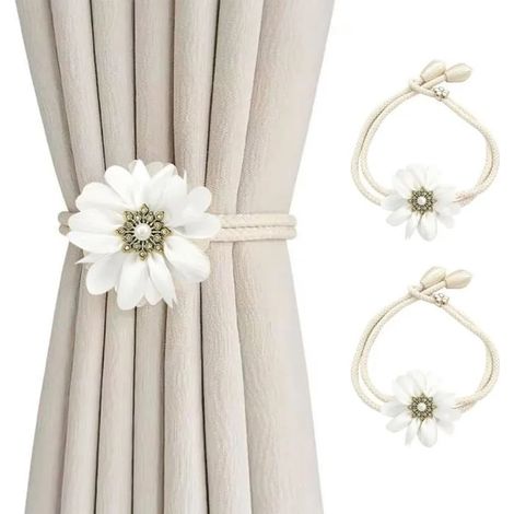 Embrasses de Rideaux,2 Pinces a Rideaux a Fleurs pour Rideaux Fixes Extérieurs,à Domicile Ou Au Bureau - Blanc - Blanc (1/5)