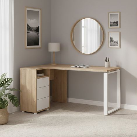 Dmora - Escritorio Medard, Escritorio multiusos, Mesa de oficina para PC, El plan de trabajo, 150x100 h76 cm, Roble y Blanco (1/5)