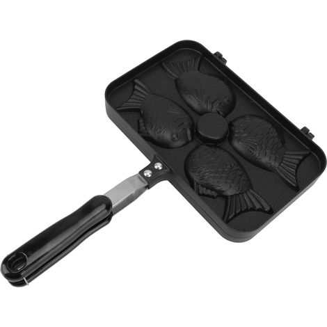 Doppelseitiges, antihaftbeschichtetes Taiyaki-Waffeleisen mit 4 Mulden und schwarzem, hitzebeständigem Griff aus Aluminiumlegierung (1/5)