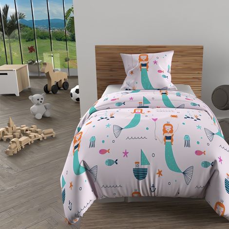 Parure housse de couette 140x200 cm SIRENES rose, 100% coton 57 fils/cm2, par Soleil d'Ocre