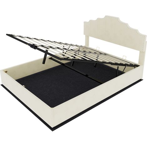 Lit coffre rembourré beige 160 x 200 cm avec matelas, relevage hydraulique, HOMVRA (1/5)