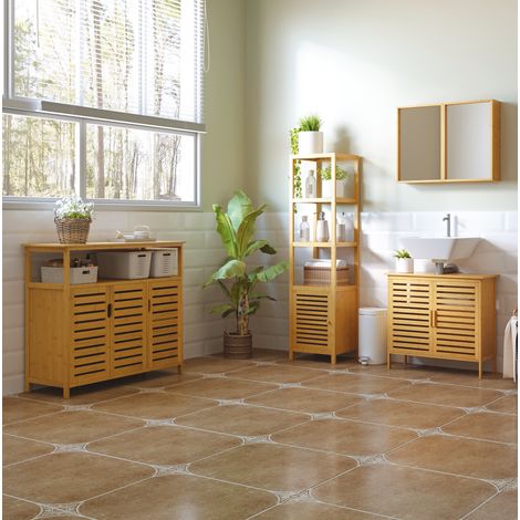 Armario de baño 36x33x140 cm color madera natural de bambú con 3 estantes abiertos y puerta de lamas (1/5)