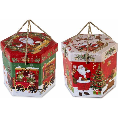Scatole esagonali carta per panettone con manici e coperchio con stampa natalizia vintage, set da 8 pezzi