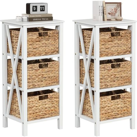 COSTWAY Mobiletto Contenitore a 3/4 Piani con 2/3 Cesti, Comodino a X con Gambe in Legno di Acacia, Ideale per Soggiorno Camera da Letto(3 cassetti,2)
