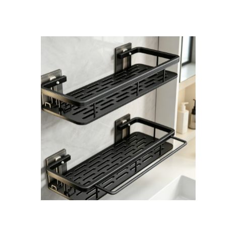 Lot de 2 étagères de rangement murales à fixation avec crochets sans perçage accessoire mural pour salle de bain toilette lavabo et salle d eau (1/5)