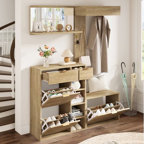 Ensemble vestiaire d’entrée 130x30x174 cm avec meuble à chaussures, banc, miroir et panneau porte-manteaux naturel (1/5)