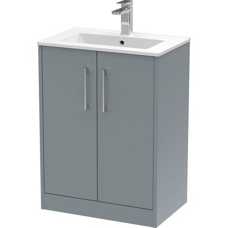 Winshill Contemporary 2 Door Floor Standing Vanity Unit with Minimalist Basin, Grey, 600mm (1/4)