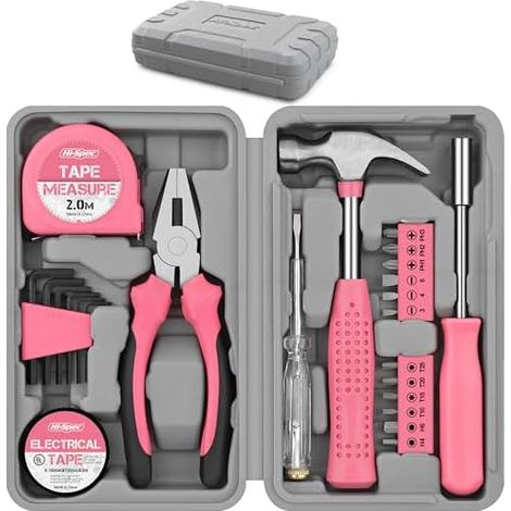Kit de herramientas de bricolaje rosa de 24 piezas para mujer. Caja de herramientas pequeña, ideal para principiantes, para el hogar y la oficina. (1/5)