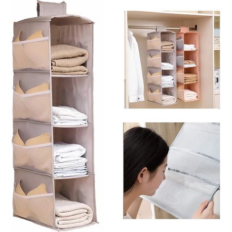 Penderie Organizer Suspendu Robuste, Rangement Pliable pour Armoire, Étagère Suspendue avec Crochets, Tiroirs Pliants pour Vêtements, Usage Familial, Gris (1/5)