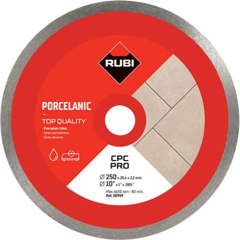 RUBI Disco Diamante CPC PRO for Continuous Cut, Fine Cutting of Porcelain and Gres Tiles, External Diameter 250 mm, Suitable for Angled Cuts, Thickness Under 20 mm