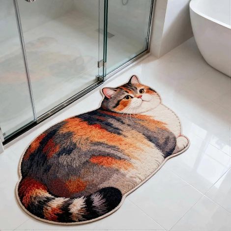Tapis de bain en terre de diatomées motifs dessins animés chat tapis de salle de bain mignon en forme de chat absorbant (1/5)