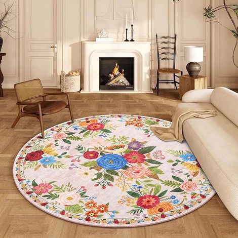 Tapis Rond 160cm Lavable Machine, Moquette Antidérapante Poil Bas Vert Doux, Style Boho Oriental Floral pour Salon Chambre Salle à Manger Nursery Dortoir Enfants, Tapis de Jeu