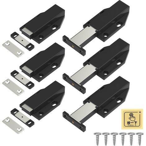 6-Pack Push-to-Open Drawer Locks, Heavy-Duty Magnetic Locks for Large Doors, Push Release Magnet Lock, Door Drawer Spring Opening, Press Out Catch, Black (1/5)