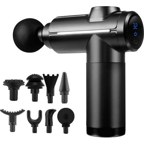 Pistolet de massage des tissus profonds, mini-masseur musculaire à percussion, 32 vitesses réglables, écran tactile LCD, 8 têtes pour les épaules, le corps et le dos, noir