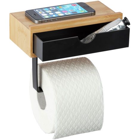 WENKO Toilettenpapierrollenhalter mit Schublade Bambusa, Toilettenpapierhalter aus Bambus, Braun, Bambus natur schwarz (1/5)
