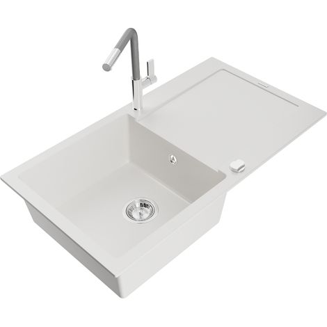 Mexen Leo évier en granit 1 bac avec égouttoir et mitigeur de cuisine Flora, blanc - 6501-20-670401-06 (1/5)