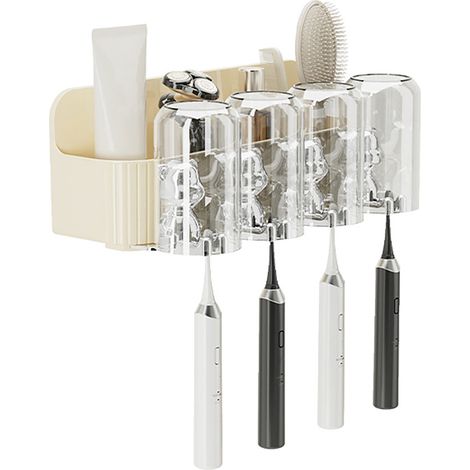 Étagère à brosse à dents ourson mignon avec extracteur de dentifrice automatique en plastique sans perçage gain de place murale 4 gobelets (1/5)