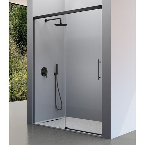 KASSANDRA URBAN Mampara Frente de Ducha Fijos + Puerta Corredera Negro Mate Transparente - Medida: 129-132 cm - ref: UR1020516S200129 (1/2)
