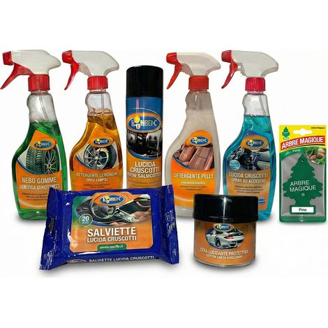Kit Pulizia Auto Completo 8 Pezzi Professionale - Set Manutenzione Veicoli Moto Camper con Lucida Cruscotti, Nero Gomme, Pasta Abrasiva, Detergente Cerchi e Pelle, Salviette e Arbre Magique