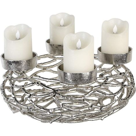 Lampe de l'Avent en Aluminium nickelé Argenté Vieilli Porte Bougie Diamètre 37 cm pour 4 Bougies Pilier 0 x 0 x 14 cm (1/2)