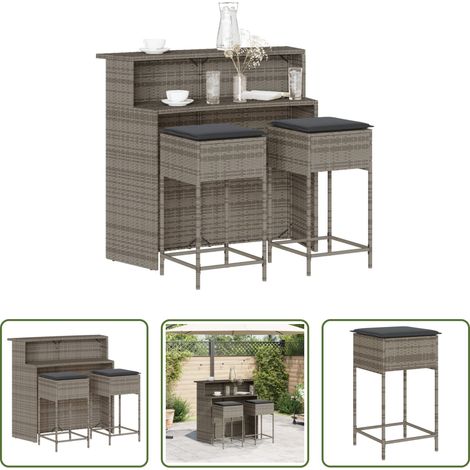 vidaXL Barres de jardin en résine -  Ensemble de bar de jardin 3 pcs et coussins gris résine tressée (1/5)