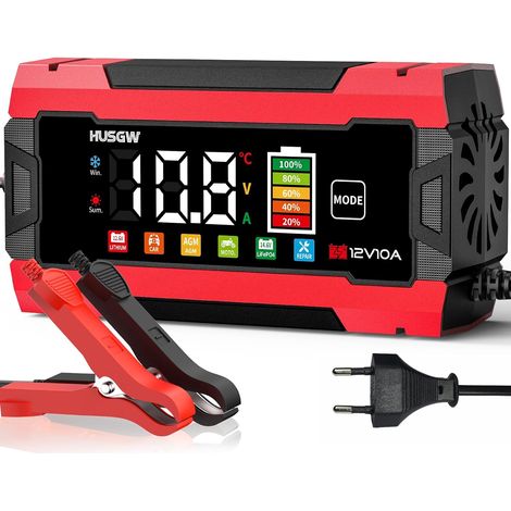 10A Chargeur de Batterie Voiture, 12V 10A LiFePO4 Chargeur Batterie pour Moto avec Réparation Automatisée, 6 Modes Maintien de Chargeur Batterie avec Écran LCD pour AGM/Gel/Wet/SLA (1/5)