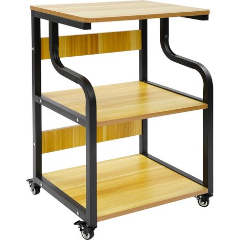 Table d'imprimante à 3 niveaux avec roulettes - 50 x 40 x 74,5 cm - Support mobile pour imprimante, Grand chariot d'imprimante sur roulettes, Pour maison, bureau, rustique, Noir+couleur de noix claire (1/5)