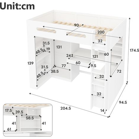 Lit mezzanine blanc 90x200cm avec tiroir, étagères multiples, penderie, bureau intégré sous le lit, éclairage LED et port USB. (1/5)
