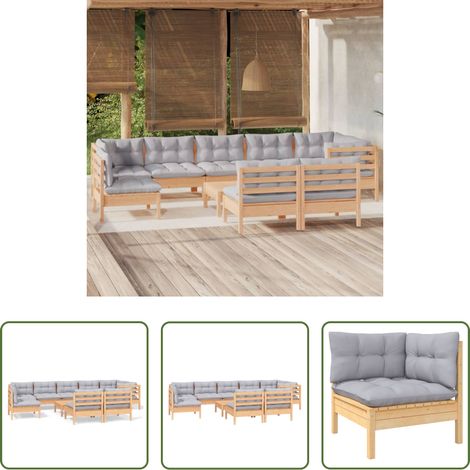 Terrassensofa - 10-tlg. Garten-Lounge-Set mit Grauen Kissen Kiefer Massivholz (1/5)