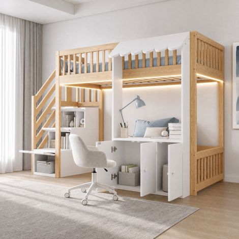 Lit mezzanine en bois 90x200 cm avec escalier de rangement, LED multicolore et armoire (1/5)