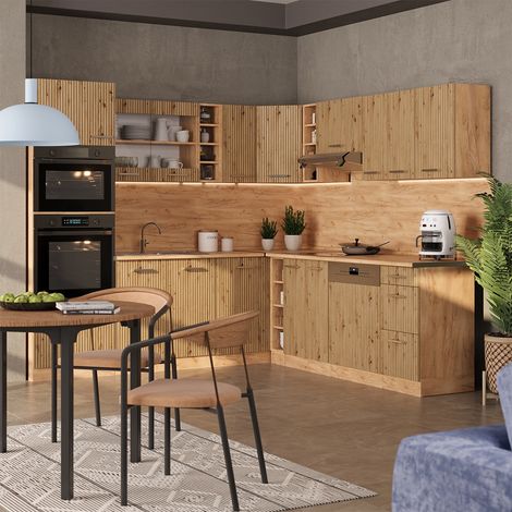 Cucina angolare completa R-Line, Rovere artigianale/Rovere dorato, 247 x 237 cm, PL Antracite, Vicco
